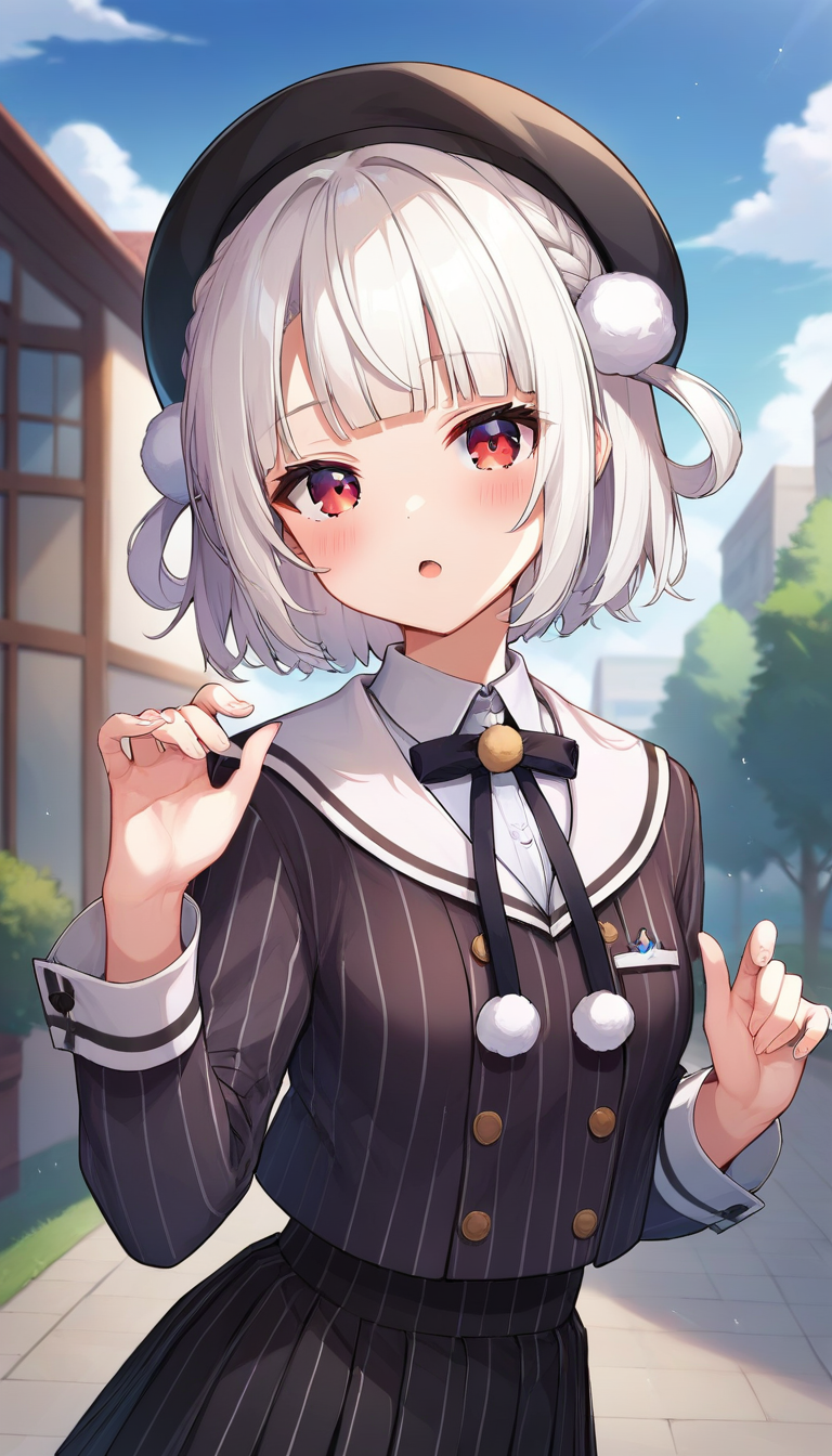 score_9,score_8_up,score_7_up,score_6_up BREAK official art,solo,outdoors,upper body,(portrait:1.5),looking at viewer,facing viewer,blush,shigure ui (vtuber),Ui(voisona),beret,black headwear,white hair,short hair,hair rings,pom pom hair ornament,side braid,french braid,blunt bangs,red eyes,school uniform,black jacket,vertical-striped jacket,white sailor collar,neck ribbon,pom pom (clothes),long sleeves,white wrist cuffs,double-breasted,black skirt,pleated skirt,vertical-striped skirt,blue socks,loafers,black footwear,<lora:Ui(voisona)-Pony>,