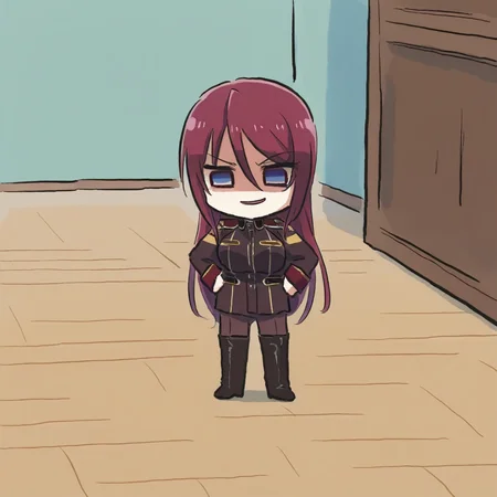 newest stylish, extreme aesthetic, 1girl, solo, BeatriceKushan, standing, on floor, indoors, wooden floor, full body, chibi, bk's uniform, bk's pants, bk's thigh boots, evil smile, shaded face, looking down, hands on own hips, xinzoruo, <lora:Bea&KilaKushan-ilxi01:0.5>, <lora:XinzoruoStyle2_AnimagineXLv3:0.7>