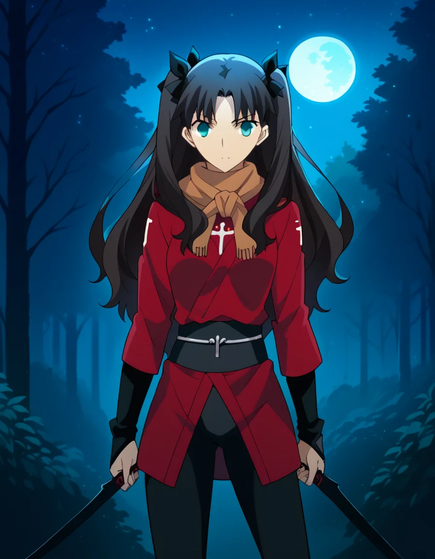 score_9, score_8_up, score_7_up, source_anime, rintohsaka, <lora:rin-tohsaka-ubw-ponyxl-lora-nochekaiser:1>, rin tohsaka, aqua eyes, black hair, hair ribbon, long hair, ribbon, sidelocks, two side up, parted bangs,, <lora:ninja-ponyxl-lora-nochekaiser:1>, ninja, fishnets, scarf,, moon, night, forest, trees,, cowboy shot