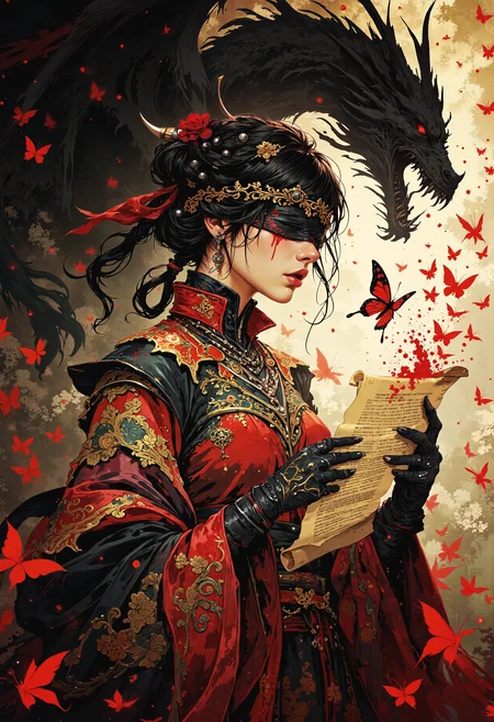 VibrantlySharp style,
3pic_vist4,
animeniji, A blindfolded girl with bloodstained gloves reads from an ancient floating scroll, her long black nails dripping red ink that reshapes into butterflies mid-air, wearing a crimson and obsidian gown layered in antique ceremonial patterns, her hair braided with silver pins shaped like dragon teeth, and her shadow twisted into a snarling beast.