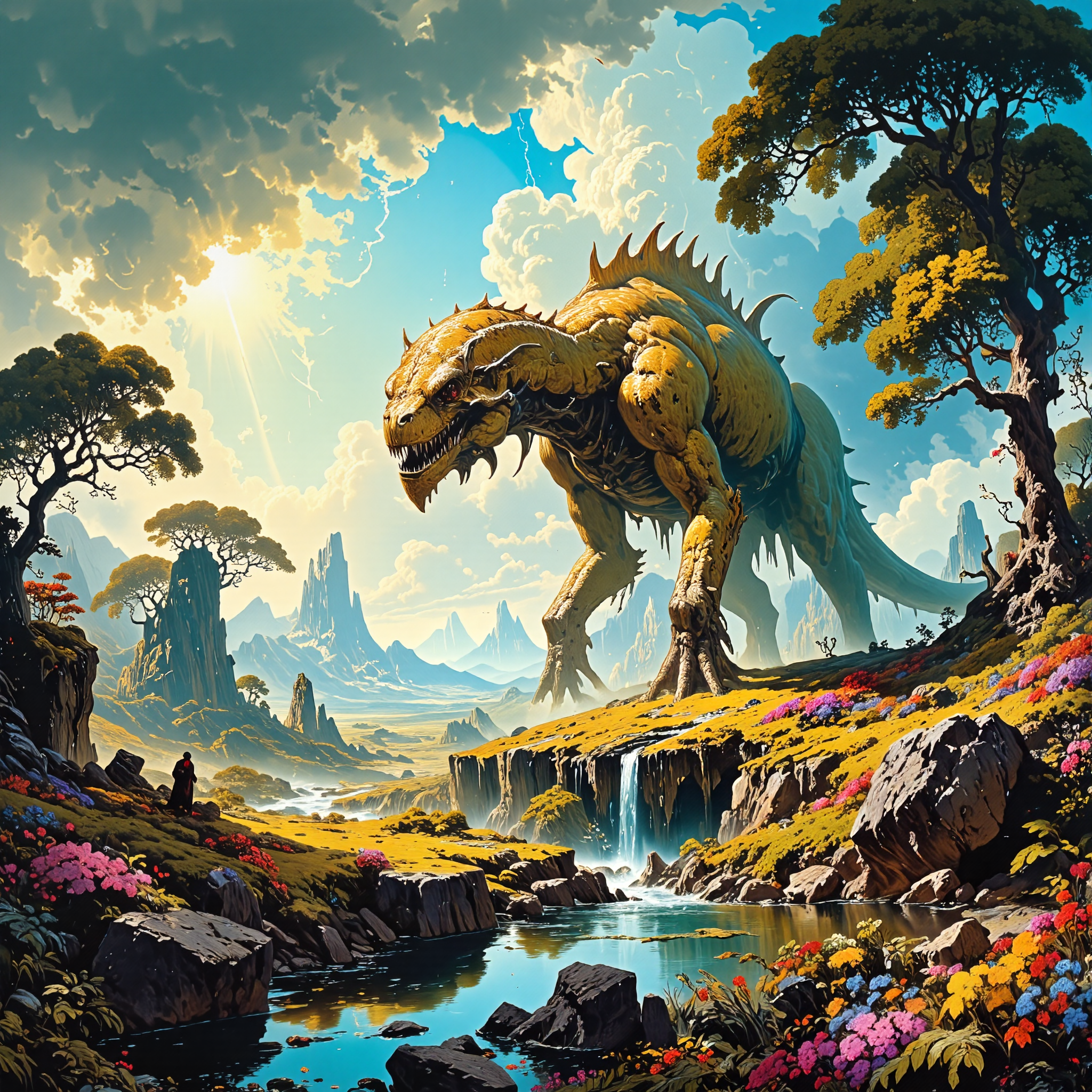 mystical and unreal scenery on a distant world, creature focus, movie poster style, very aesthetic, harmonising colors, golden ratio, extremely detailed, 8k, 4k, ultra-high-resolution, famous artwork inspired by henry higginbotham and vincent chong and arthur rackham, dramatic scene, fractal art, heroic sci-fi style, dynamic angle, depicted is the "glowing guffdink," a colossal zurbled primeval herbivore, with his extremely long neck and barbed tail roaming the lush flower-covered grasslands of planet "lurkward prime" under a tempestuous sky, this immense creature, marked with colorful striking patterns has no zizzlegonky enemies, despite his climfrypowered nature, four-legged, four legs, light beige and midnight purple and deep blue and lemon yellow and burgundy and lime green, ovg, style of rembrandt, <lora:style-oil_painting-flux-by_leporello:0.48> <lora:style-rembrandt-flux-by_tangbohu:0.72> <lora:style-fantastic_landscapes-flux-by_artifyai:0.6>