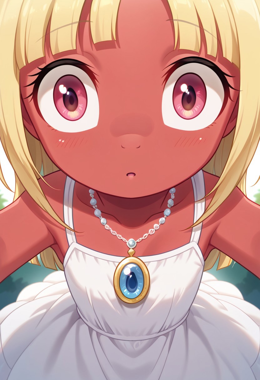 score_9, r0ug3, white dress, necklace, source_pony, ntm, <lora:about-to-go-insane-ponyxl-lora-nochekaiser:1>, about to go insane, looking at viewer, close-up, wide-eyed, eye focus, from above,