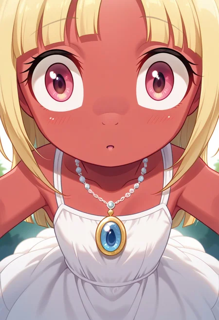 score_9, r0ug3, white dress, necklace, source_pony, ntm, <lora:about-to-go-insane-ponyxl-lora-nochekaiser:1>, about to go insane, looking at viewer, close-up, wide-eyed, eye focus, from above,