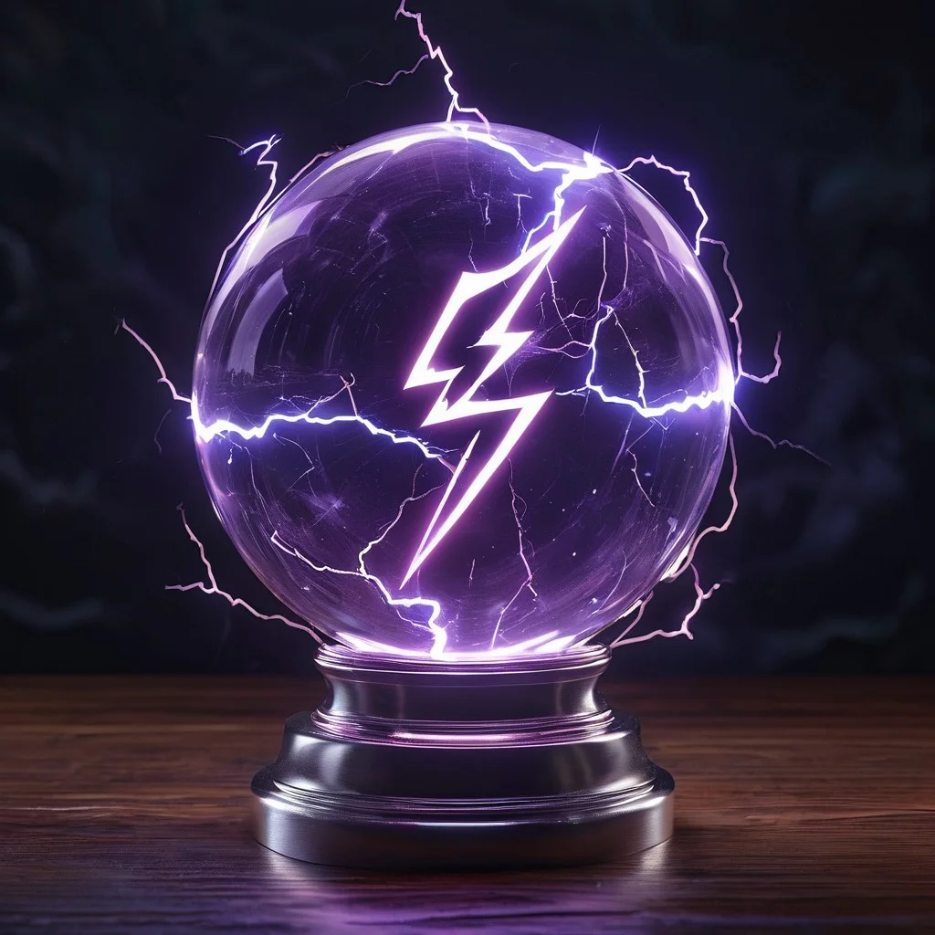 A beautiful translucent pale orb containing glowing lightning bolt symbol, crystal clear, Fancy stand, time distortion, high quality, extreme detail, ultra hd,