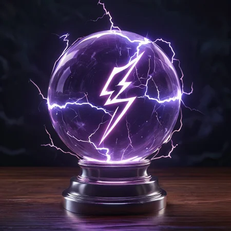 A beautiful translucent pale orb containing glowing lightning bolt symbol, crystal clear, Fancy stand, time distortion, high quality, extreme detail, ultra hd,
