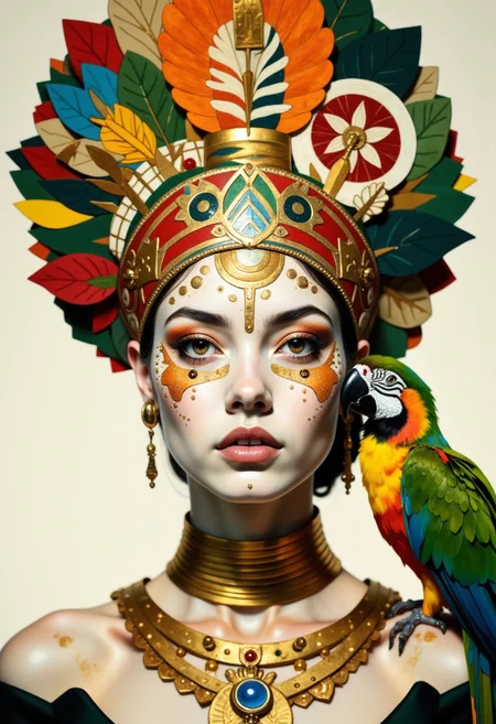 A woman with a striking and surreal appearance. The woman has a pale, almost ethereal complexion, with her face adorned in intricate gold and bronze patterns that resemble tribal or ceremonial makeup. Her eyes are large and expressive, with a piercing gaze that seems to look directly at the viewer. She wears a golden choker around her neck and a similar, more elaborate piece around her upper chest.

Her head is crowned with a colorful, abstract headdress that blends seamlessly into her face. The headdress is a mix of bold, geometric shapes in vibrant colors like red, orange, yellow, and green, interspersed with abstract patterns and what appear to be stylized leaves. To the right of the woman, a large, colorful parrot perches, its feathers rendered in a blend of green, yellow, and red, adding a lively and exotic element to the composition.