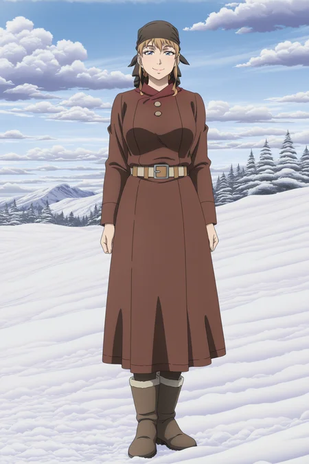 anime coloring, anime screencap, masterpiece, best quality, amazing quality, detailed face,
sky, day, snow, clouds,
<lora:Ylva_Vinland_Saga:.9>
Ylva (season 2), mature woman, 1girl, solo, boots, belt, standing, bandana, full body, long sleeves, looking at the viewer, smile