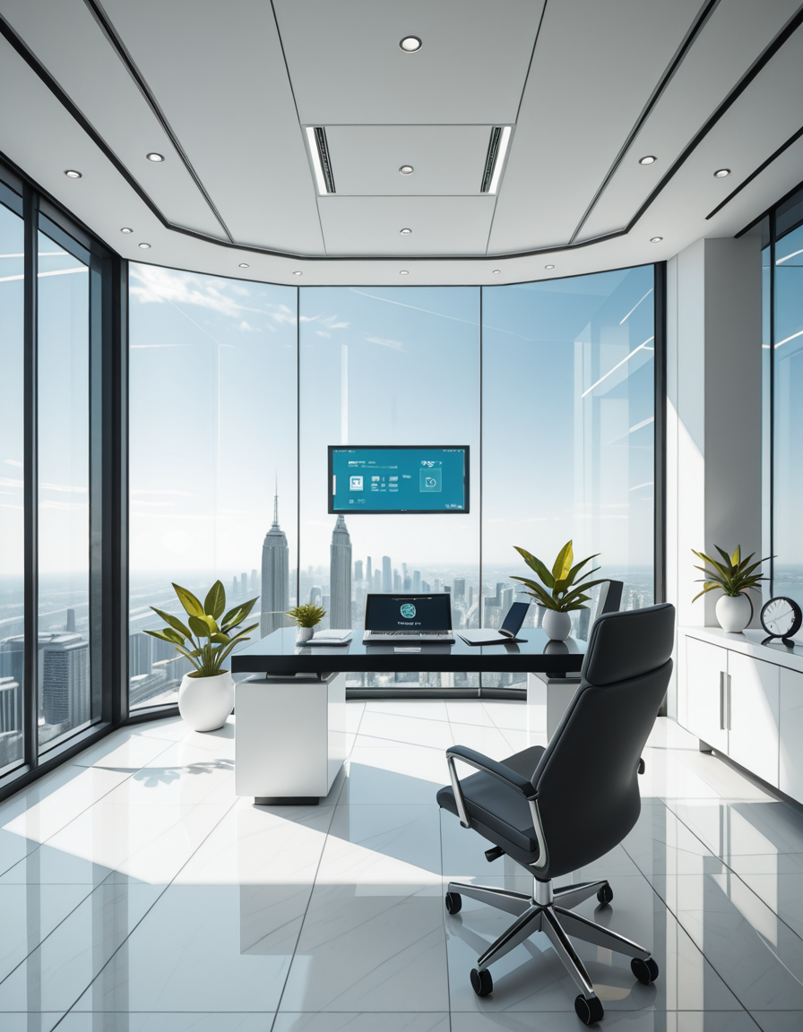 A modern, luxurious executive secretary's office located at the top floor of a futuristic skyscraper. The office has floor-to-ceiling glass walls offering a breathtaking panoramic view of a bustling metropolis under a clear blue sky. Inside, the design is ultra-minimalist and high-tech, with sleek white furniture, a glossy black desk with an integrated digital interface, and an ergonomic designer chair in matte gray leather. There are a few elegant green plants strategically placed for a touch of nature. A thin holographic screen hovers above the desk, displaying schedules and emails. The lighting is bright but soft, coming from recessed LED strips in the ceiling and natural sunlight pouring in. The atmosphere feels calm, professional, and cutting-edge, reflecting the spirit of a powerful tech company. In the background, a subtle artistic sculpture and a minimalist clock complete the decor.
<lora:SDXLFaeTastic2400:0.4> <lora:extremely_detailed:0.4> extremely detailed,secretary 0ff1c3, <lora:secretary_0ff1c3_r1-i:1>, Masterpiece,best quality,hi res,8k,hi res,8k,award winning,(sharp focus, intricate, highly detailed),