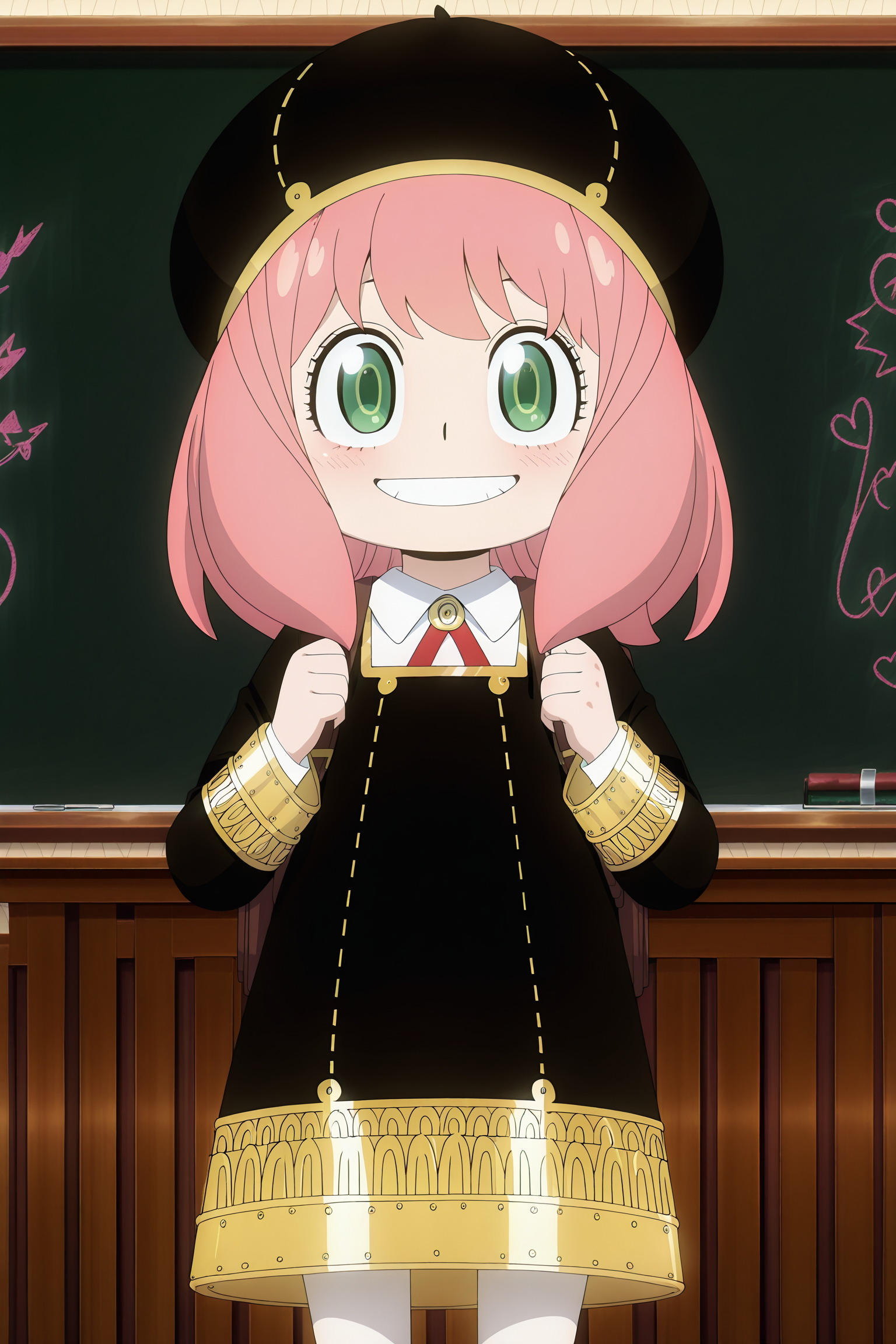anime screencap, anime coloring, detailed face, masterpiece, best quality, very aesthetic, absurdres, volumetric lighting, official style, amazing quality, ultra detailed,  highres, amazing quality, scenery, beautiful detailed hair, beautiful detailed eyes, 
<lora:StS-Illustrious-Detail-Slider-v1.0:4>
<lora:Anya_Forger_Spy_x_Family:1>
in a classroom, chalkboard,
Anya Eden Academy uniform (outfit), Anya Forger (character), eden academy school uniform, anya (spy x family), school uniform, child, bag, pink hair, green eyes, 1girl, backpack, dress, hat, black dress, black headwear, medium hair, standing, looking at the viewer, cowboy shot, grin,