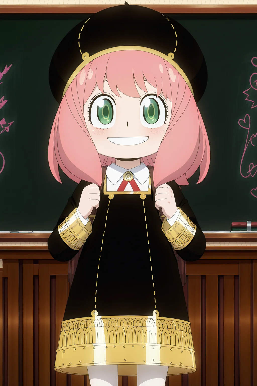 anime screencap, anime coloring, detailed face, masterpiece, best quality, very aesthetic, absurdres, volumetric lighting, official style, amazing quality, ultra detailed,  highres, amazing quality, scenery, beautiful detailed hair, beautiful detailed eyes, 
<lora:StS-Illustrious-Detail-Slider-v1.0:4>
<lora:Anya_Forger_Spy_x_Family:1>
in a classroom, chalkboard,
Anya Eden Academy uniform (outfit), Anya Forger (character), eden academy school uniform, anya (spy x family), school uniform, child, bag, pink hair, green eyes, 1girl, backpack, dress, hat, black dress, black headwear, medium hair, standing, looking at the viewer, cowboy shot, grin,
