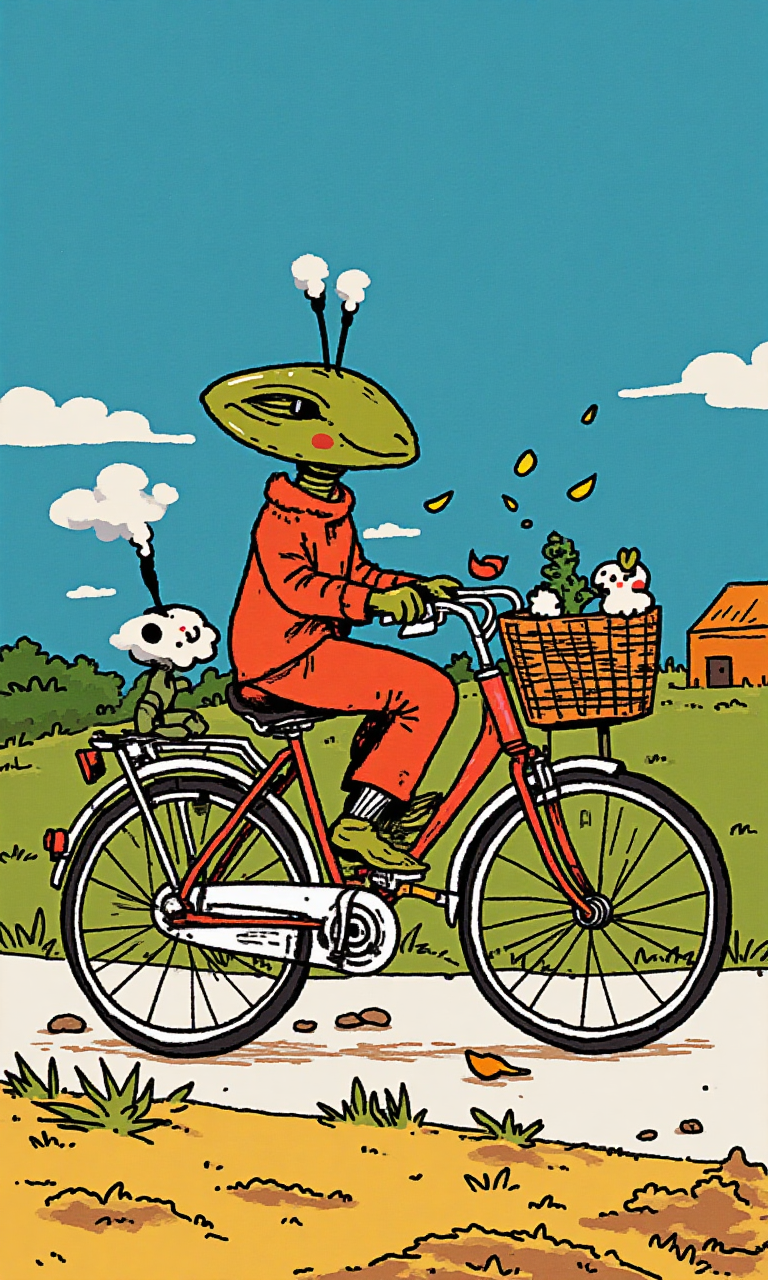 ET aliens are working on a bicycle <lora:flux-test\flux.1_lora_flyway_simple-illustration.safetensors:1.1:1.1>