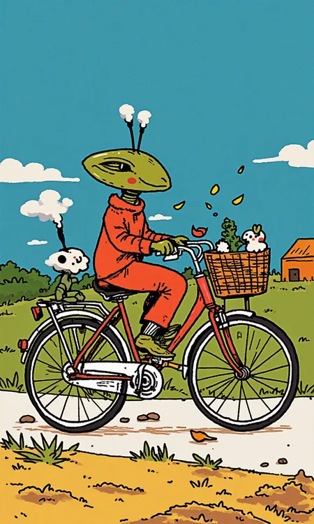 ET aliens are working on a bicycle <lora:flux-test\flux.1_lora_flyway_simple-illustration.safetensors:1.1:1.1>