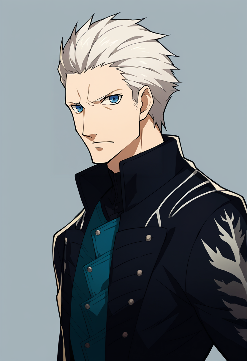 score_9, score_8_up, score_7_up, source_anime, BREAK, solo, 1boy, looking at viewer,  <lora:P5-Portraits-pdxl_Fp:1>, simple background, portrait, <lora:dmc5_vergil_ponyXL:1>, dmc5vergil, black coat, fingerless gloves, white hair, blue eyes,