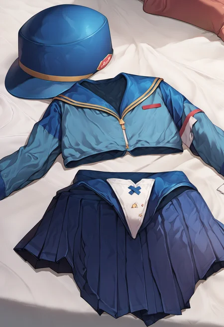 Prompt,
score_9,score_8_up,score_7_up,source_anime, <lora:clothes_removed:1> clothes removed, no humans,bed
<lora:elie-pdxl-nvwls-v1:0.8> HAIRBAND, BLUE HAT, (BLUE JACKET, CROPPED JACKET), (BLUE SHORTS, PLEATED SKIRT),blue panty