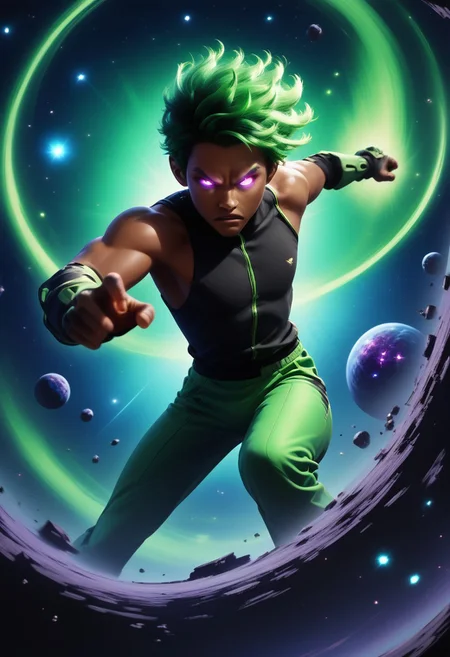 SPACE0pera, 1boy, green hair, glowing eyes, dark skin, dynamic, action pose, concept art