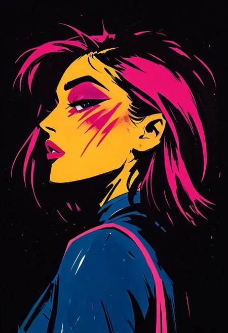 (Masterpiece, Best Quality, Highres:1.4), (dramatic, cinematic:1.2) color wash, ink wash, illustration, storytelling, mad-cyberspace, Rendered in bold, expressive pop-art style, this side portrait captures a Japanese female space marine in profile—her face half-shadowed, straight-cut hair with fuchsia neon streaks. Her averted gaze and seductive expression pulse with a sultry, melancholic charge, while her eyelids are heavy with matte obsidian eyeshadow. The background melts into a hyper-stylized abstract background of a spaceship window to outer space. Inspired by Roy Lichtenstein and modern glitch aesthetics, the composition plays with erotic abstraction—fluid lines, skin-toned gradients, and warped reflections intertwine in a fusion of sensuality and surrealism, aidmamj6.1, 3xpr3sgg0th1cn30n1nc4s3, ExpresHGothicNeonIncaseUOC, ExpresHGothicNeonIncase,