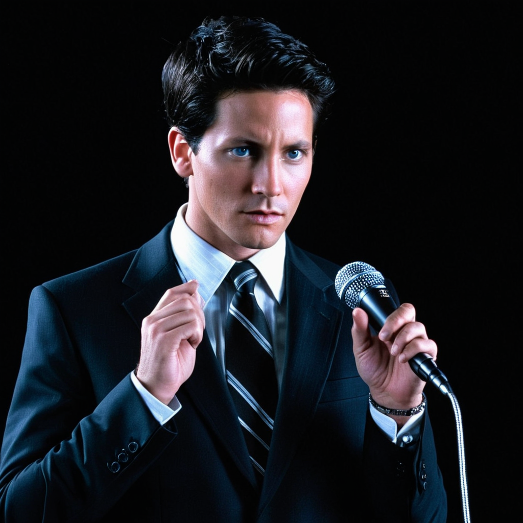 <lora:add-detail-xl:1>
<lora:detailed:0.3>
<lora:perfection style:0.3>
<lora:xl_more_art-full_v1:0.3>
 <lora:Donnie Darko film style:1>
a trickster man in a suit holding a microphone,solo,looking at viewer,shirt,black hair,1boy,holding,jewelry,jacket,male focus,parted lips,necktie,formal,ring,suit,black background,microphone,realistic,manly,holding microphone , cinematic, film, Donnie Darko film style