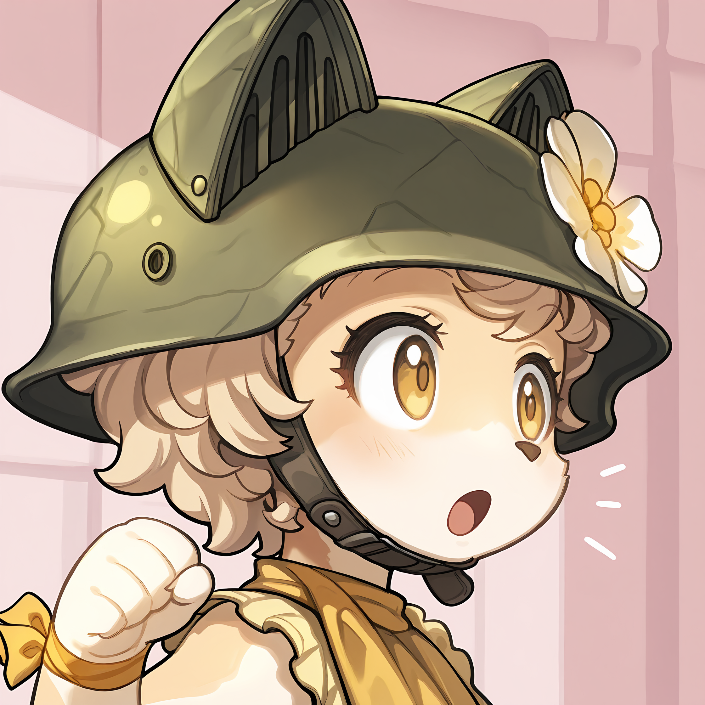 BREAK, <lora:Chick_Montblanc_Illustrious_V1:1>, Chick Montblanc, Fuga: Melodies of Steel, kemono, furry female, 1girl, dog girl, beige fur, white fur, multicolored fur, yellow eyes, blonde hair, short hair, animal ears, dog ears,
BREAK, Fuga 1 Outfit, yellow dress, sleeveless, yellow neckerchief, wrist ribbon, helmet, flower on helmet,
BREAK, solo, face focus, close-up, :o, happy, looking away, surprised