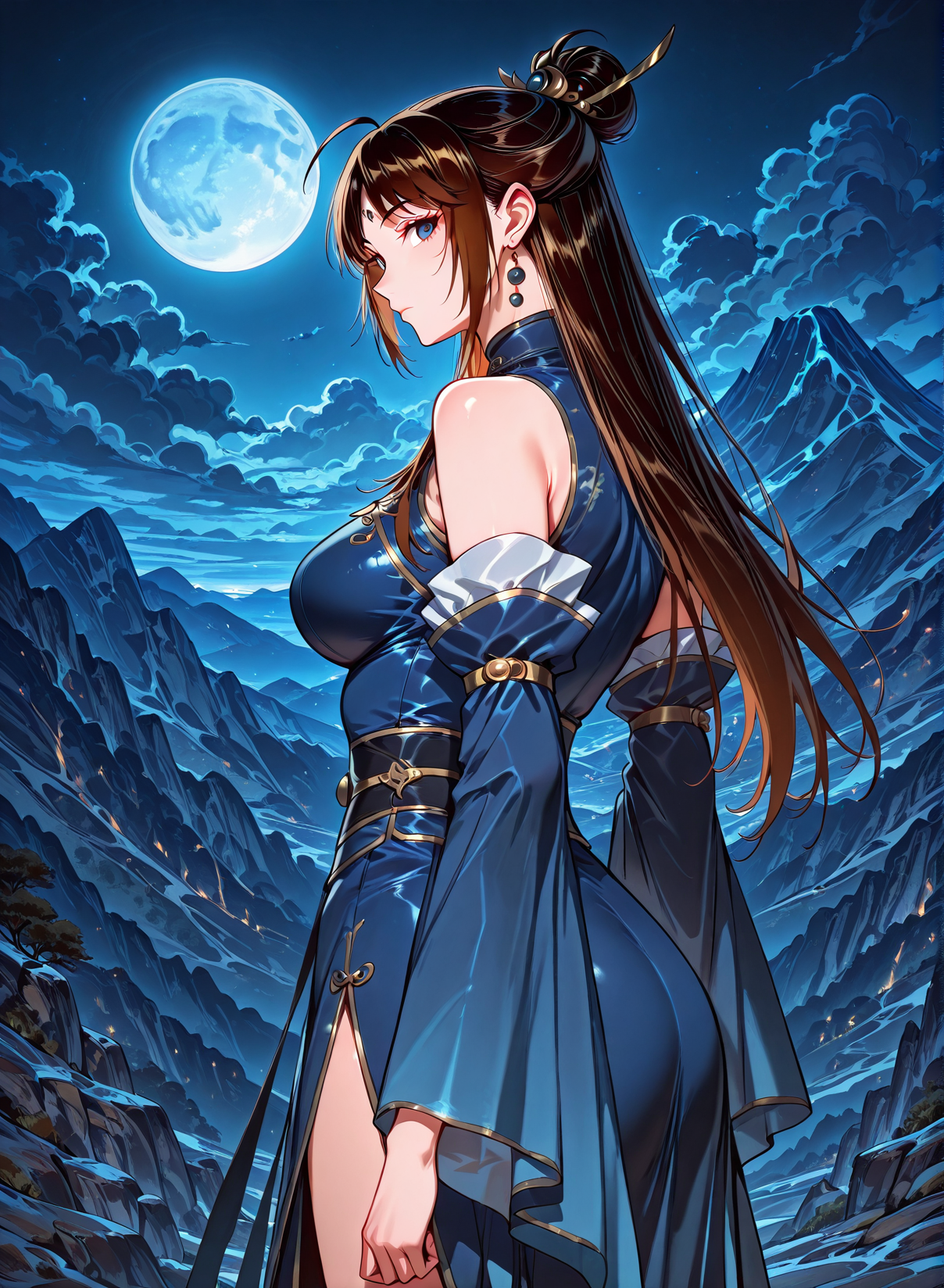 <lora:Xiao_Ruoyin__I_am_the_Fated_Villain__Illustrious:1>
1 girl, solo, blue eyes, long hair, brown hair, black hair, hair bun, ahoge, big breasts
chinese clothes, blue dress, detached sleeves, jewelry, earrings, hair ornament, bare shoulders
score_9, score_8_up, score_7_up, source anime, BREAK, cowboy shot, (from side), looking back, looking at viewer, overlooking mountain, high altitude, scenery, exterior, background, (solo), perfect hands, night, blue moon, <lora:iLLMythG0thicL1nes:1>