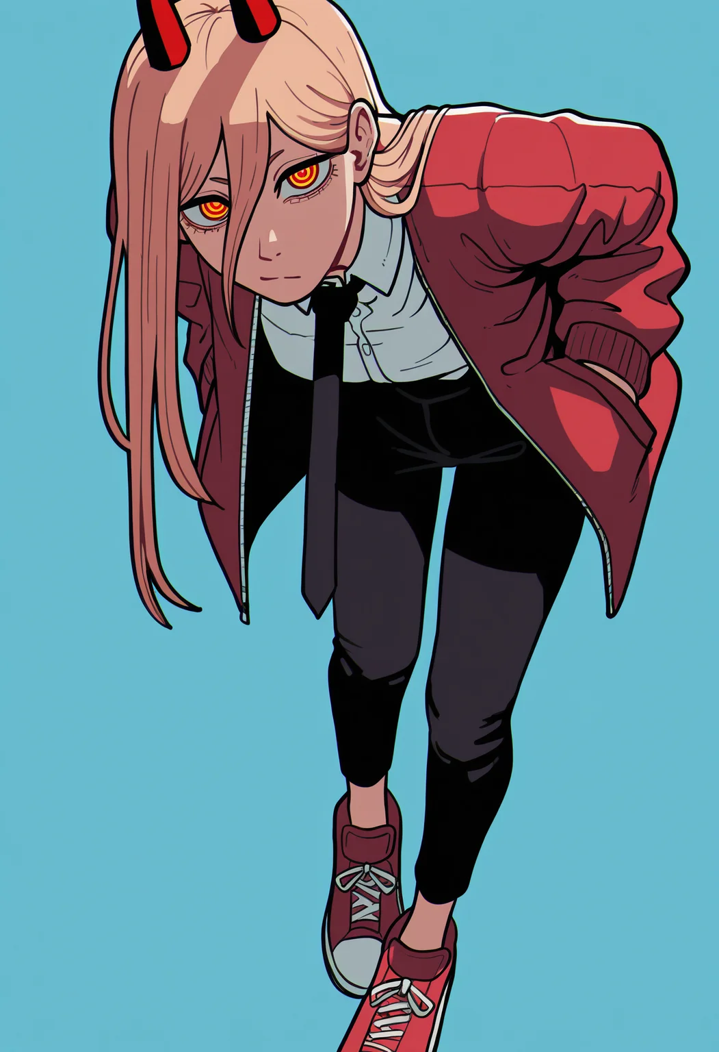 masterpiece, best quality, absurdres, highres, 1girl, black necktie, necktie, solo, long hair, horns, red eyes, shirt, jacket, white shirt, pants, black pants, red footwear, collared shirt, shoes, blonde hair, blue background, simple background, power \(chainsaw man\), hands in pockets, facing viewer, looking at viewer, ringed eyes, leaning forward, close-up, red jacket, from above, upturned eyes, 
 <lora:rldartsv3:1>