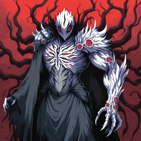 horror (theme),1male,solo,eldritch abomination, muscular,white skin,multiple eyes,claws,sharp fingernails,no mouth,full armor,plate armor,shoulder armor,cape,red background