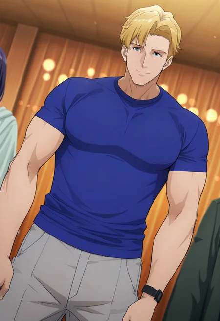 safe_pos, safe_pos, score_9, score_8_up, score_7_up, score_6_up, perfect anatomy, perfect proportions, best quality, masterpiece, high_resolution, high quality, best aesthetic, incredibly absurdres, highres, extremely detailed, huge filesize, solo male, adult, mature, masculine, manly, handsome, charming, alluring, seductive, heroic, standing, upper body, dutch angle, cowboy shot, perfect face, perfect eyes, source_anime, anime coloring, BBBSmith, Lewis Smith \(Brave Bang Bravern\), blue eyes, BBBSmith_hairstyle01, short hair, blond hair, BBBSmith_outfit06, blue t-shirt, short sleeves, grey shorts, red sneakers, low angle, cinematic still, emotional, harmonious, vignette, bokeh, cinemascope, moody, epic, gorgeous