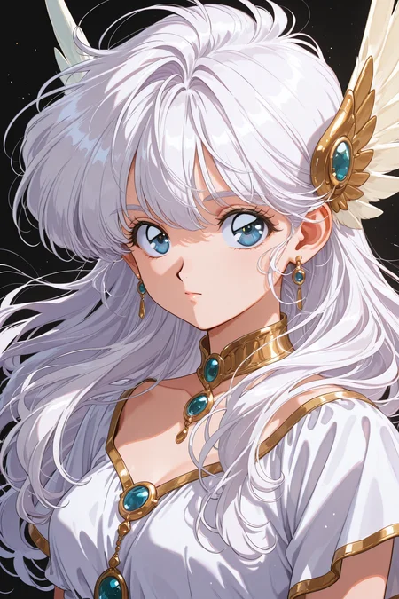 white hair,1girl,long hair,solo,black background,looking at viewer,closed mouth,bangs,simple background,wings,blue eyes,retro artstyle,
<lora:hrn_yc_illustriousXL:0.8>,