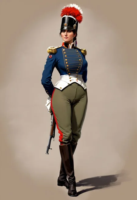 (Conceptual Art in jrst artstyle:1.2) about a female
Napoleonic French soldier, concept art; busty, large breasts, slender