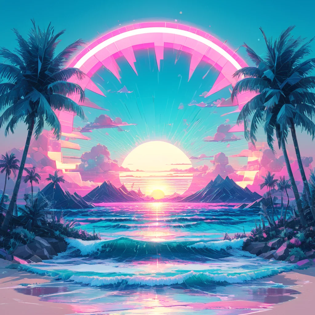 A glitching sunset over a pixelated ocean. Palm trees in neon pink and teal line the shore, while a large, low-poly sun hovers just above the horizon, reflecting off the geometric waves.  <lora:add-detail-xl:1.2>, <lora:Vaporwave_SDXL:1> ArsMJStyle , vaporwave,