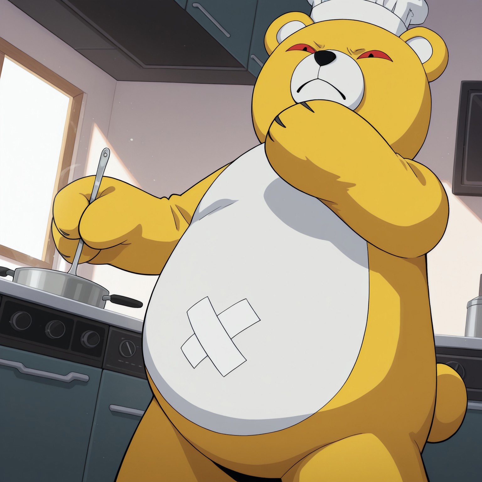 Monzaemon, digimon (creature), male, plush body, bear ears, red sclera, black nose, black pupils, yellow skin, white skin, two-tone skin, bandaid on belly, thinking to self

BREAK irritated expression, chef hat, white apron, indoors, kitchen, stove, pot, stirring pot, holding spoon

BREAK best quality, amazing quality, very aesthetic, absurdres, newest, masterpiece, high quality