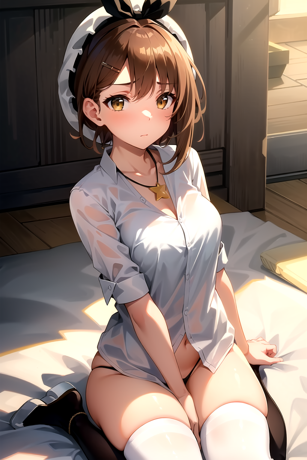 Ryza,  1girl,  brown_eyes,  short_hair,  brown_hair,  hairclip,  (yellow_hairclip),  white_headwear,  bangs,  medium_breasts,  black_ribbon,  star_necklace,  wear,  ((white_shirt)),  (no_panties),  ((wariza)),  white_thighhighs,  embarrassed,  (convenient_arm),  closed_mouth