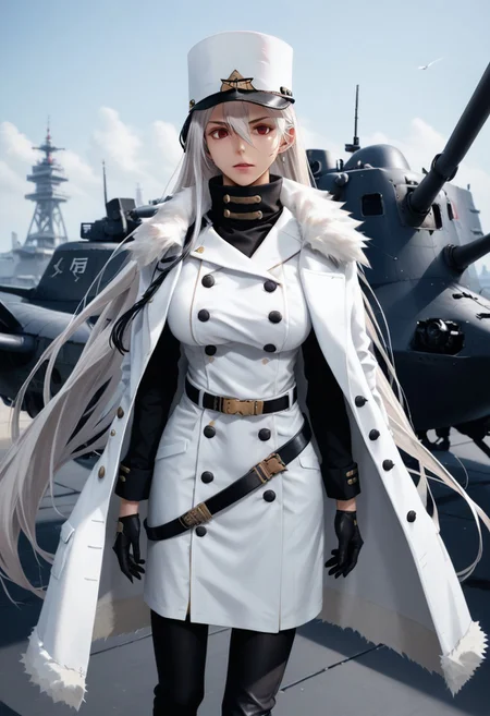 score_9_up, score_8_up, score_7_up, source_anime, extreamly detailed, beautiful detailed face, complex detailed background, 1girl, completely clothes, BREAK,
SOVETSKAYA ROSSIYA \(AZUR LANE\), SOVETSKAYA ROSSIYA REGULAR CLOTHES,  long hair, breasts, looking at viewer, large breasts, red eyes, gloves, hat, hair between eyes, very long hair, full body, white hair, boots, black gloves, belt, black footwear, uniform, coat, fur trim, buttons, white headwear, high collar, military hat, white coat, double-breasted, rigging, fur-trimmed coat