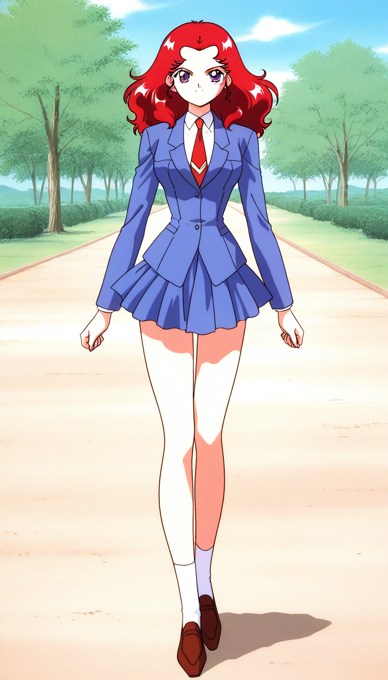 general,highres, ultra-detailed,very aesthetic,best quality ,best hands,  BREAK <lora:Scarlett_ohara_IS:1> Scarlett_ohara, 1girl,solo, red hair, long hair, purple eyes, breasts, 1990s (style), anime coloring, 
blue skirt,  full body, smile, long sleeves, standing, pleated skirt, looking at viewer, blue jacket, red necktie,
day, say,