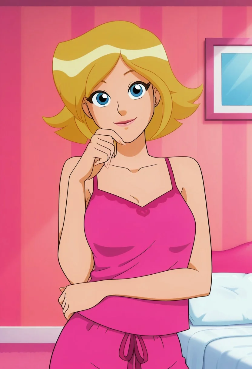 masterpiece, best quality, good quality, 1girl, solo, cartoon, totally_spies_2k24, cl0ver, blonde hair, blue eyes, pink pajamas, sexy, large breasts, beautiful, detailed, high detailed, very beautiful, detailed face, detailed eyes, detailed hand, fingernails, inside, bedroom, smile, posing, pose, looking at viewer, face focus
