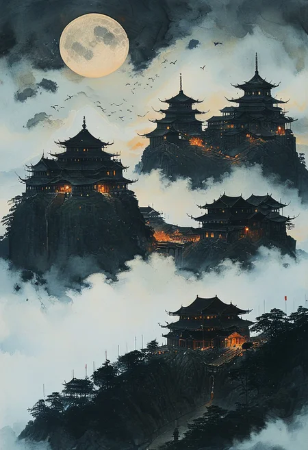 <lora:Shingles_SDXL:0.80> Japanese temple made of mad-shingles
<lora:add-detail-xl:1> , <lora:aidmaImageUpgraderSDXL-v0.3:0.75> aidmaimageupgrader, <lora:xl_more_art-full_v1:1>,   <lora:tbh162-sdxl:1> style of Kawanabe Kyosai
fortress wall around, japanese fortress, big stronghold on a hill, shrine, religious place, mythological place, fog, thick fog,  cloudy sky, dark brooding mood