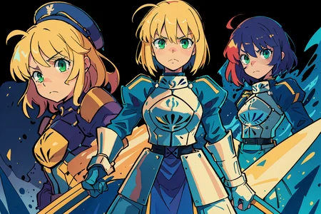 best quality, 1girl, artoria pendragon \(fate\), armor, (excalibur \(fate/stay night\), glowing yellow,raise high ), green eyes, blonde ,frown, battle stance,
high quality masterpiece <lora:bacunStyle_bacunStyleV1:0.5> <lora:ironcatlora1Artoria_v10:0.7>