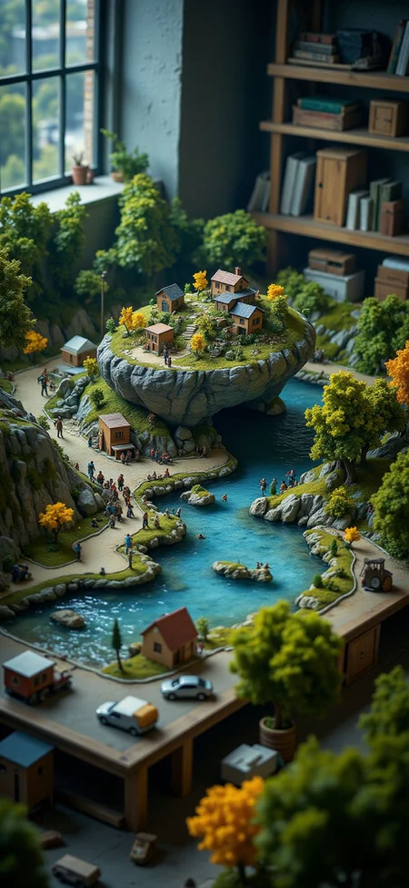 (indoor,very wide isometric view,tilt-shift lens:1.6), (windowless,fna_style,miniature,miniature,diorama,miniature,diorama,PVC,plastic:2),starry night grass,forest,parking lot with crowded at (floating island,levitating island:1.5) on (table:2) at (attic:2.5) <lora:Diorama_Flux:1>
<lora:Fantasy_Novel_Art_Style:1>