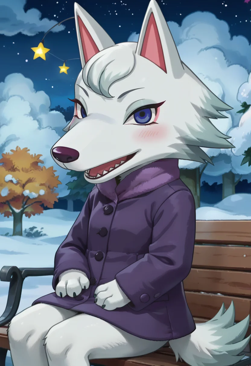 score_9, score_8_up, score_7_up, BREAK,
whitneyc, anime, screencap, wolf, white fur, flat chest, animal crossing, 1girl, female, solo, night, winter, purple coat, winter coat, purple scarf, three-quarter view, from side, sky, night sky, stars, clouds, trees, snow covered trees, snow, mouth closed, blue eyes, maroon nose, anthro, furry, fluffy, tufts, tail, sitting, park bench, talking, looking at viewer, amused, blush, touching face, laugh,
, <lora:Whitney_v2aS98:1>,  zPDXL,