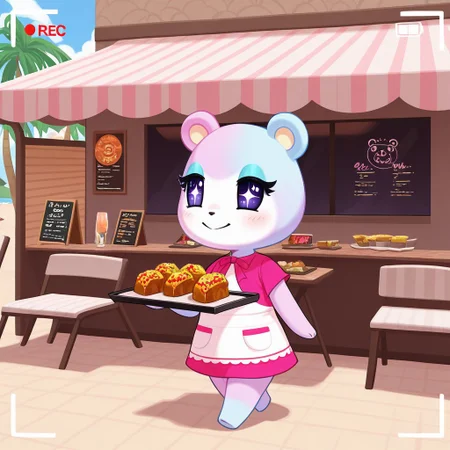 best quality, masterpiece, Full Body, Romantic, Small, Body, Furry, judyac, animal crossing, 1girl, solo, furry, bear, two-tone fur, light pink fur, light blue fur, white muzzle, purple eyes, star pupil, blush, blue eyeshadow, pink dress, beach, restaurants, serving food, carry tray, walking, outside lobby, board walk, beach chair, beach table, umbrella, recording, sign of buzz, sign said buzz food menu, sign writing say buzz, smile,