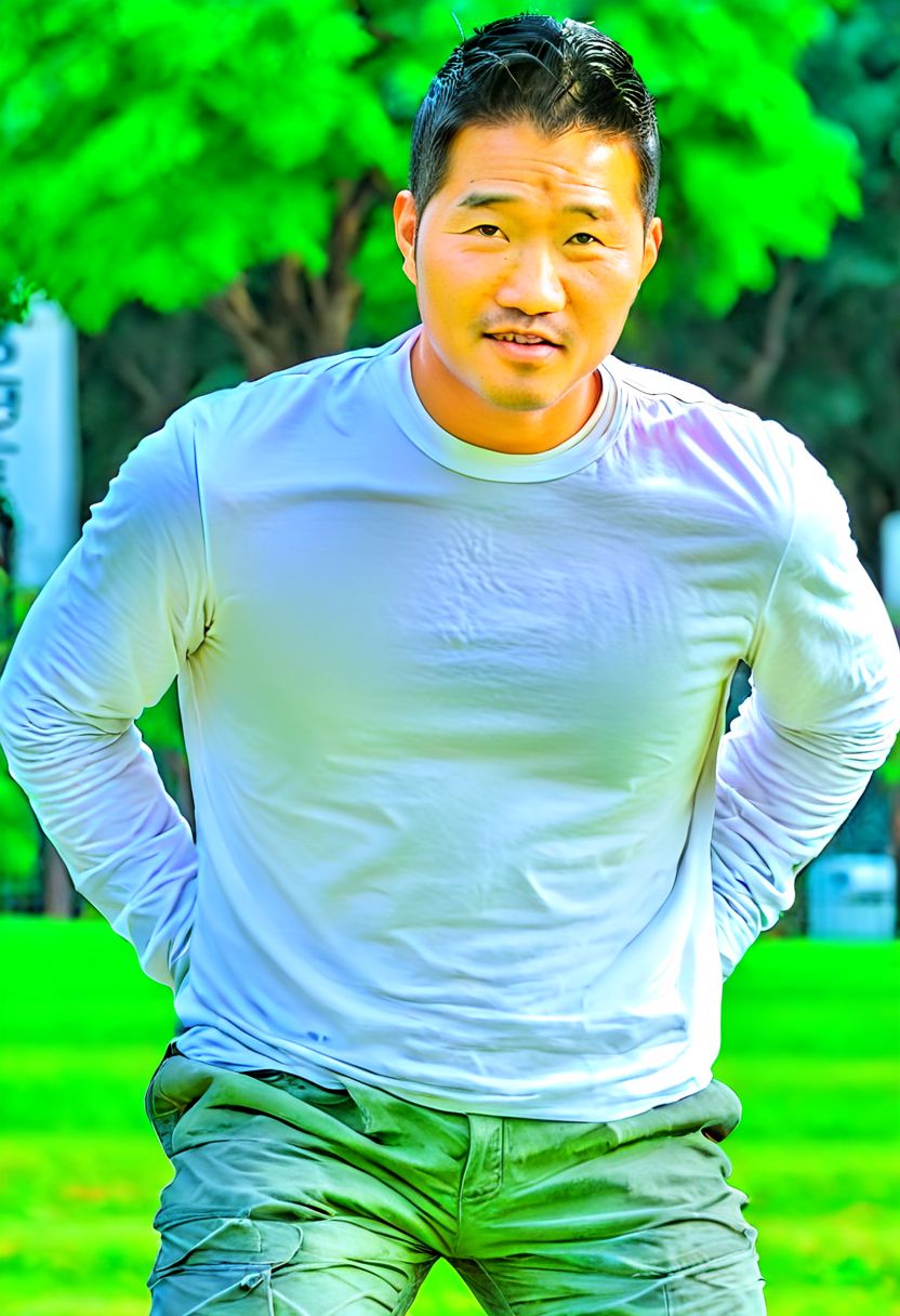(((htkangface))), daddy,  natural face expression, (((detailed HtKangface))), fixed htKangface Photorealistic, realistic, masterpiece, intricate details, detailed background, depth of field, photo of a handsome, dynamic pose, natural face expression, (((looking at viewer))), high detail, high quality, male focus,  ((white shirt)), ((pants)), ((park background))