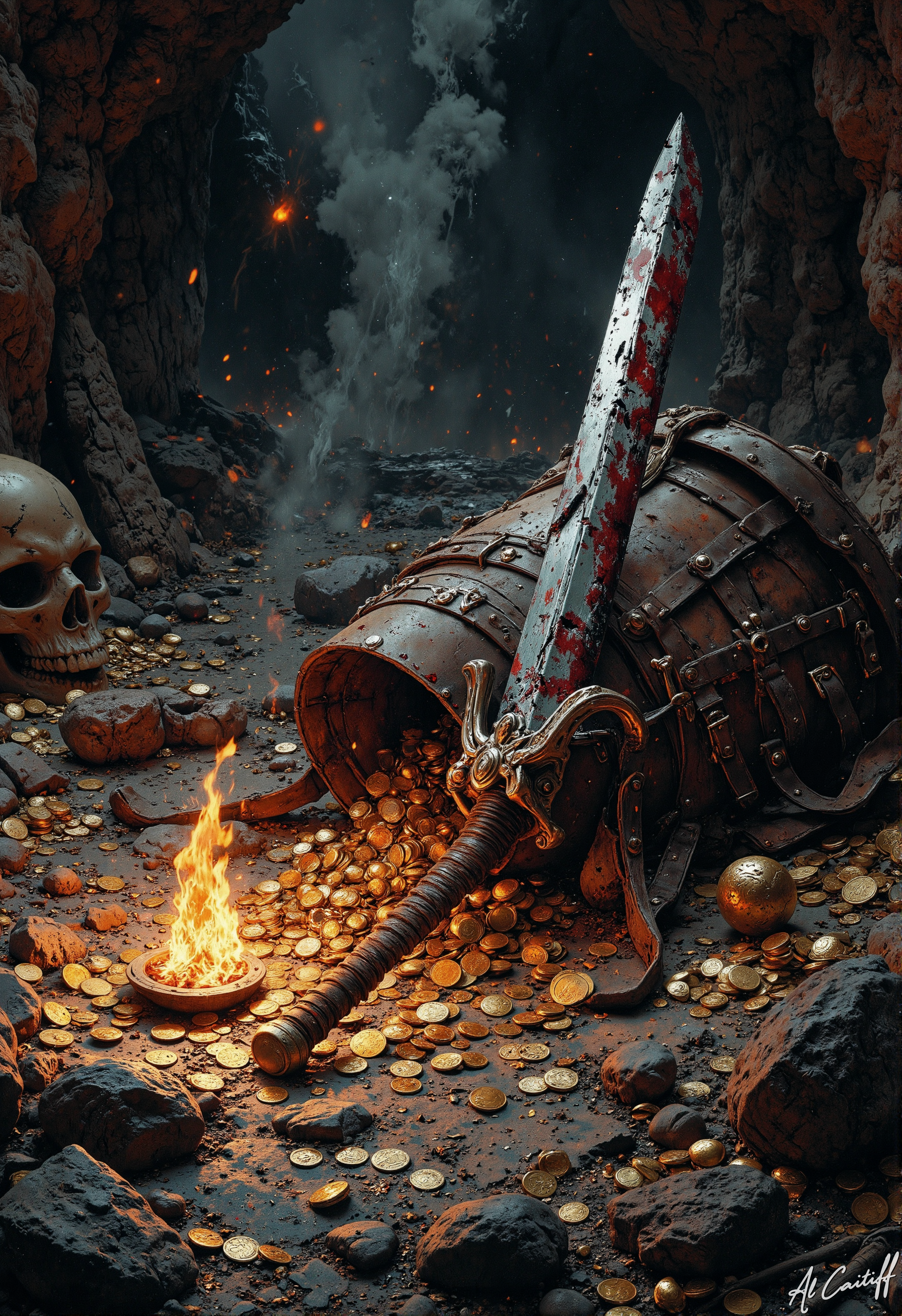 An overturned torch sputters on the cavern floor, its guttering flame casting erratic shadows across a hoard of scattered gold coins and jewels, illuminating a weathered leather backpack with torn, bloodstained straps lying beside a notched longsword smeared with dark ichor and a half-melted helm whose visor is crumpled inward with terrible force; a thick trail of fresh blood leads away from the scene, disappearing beneath the skeletal remains of a fallen adventurer half-buried in treasure, while all around, the dragon's ruined lair tells of violent struggle - deep claw marks rake the walls, molten gold has cooled in jagged streaks across the stone, shattered shields litter the ground like broken teeth, and a massive obsidian-black scale lies embedded in the cavern wall, its surface glinting in the dying light as dust swirls like ghostly witnesses in the sulfur-tinged air, the silence broken only by a faint, ominous shifting in the dark depths of the cavern beyond., fg<lora:Flux/Stylized-Super-Texture.safetensors:0.5000000000000001:0.5000000000000001> <lora:Flux/It's a LoRA for portraits, BUT! actually specialized in backgrounds. v1.0.safetensors:0.25000000000000006:0.25000000000000006> <lora:CustomFlux/MysticFantasy.safetensors:0.25000000000000006:0.25000000000000006> <lora:CustomFlux/MysticRealism.safetensors:0.7500000000000001:0.7500000000000001>