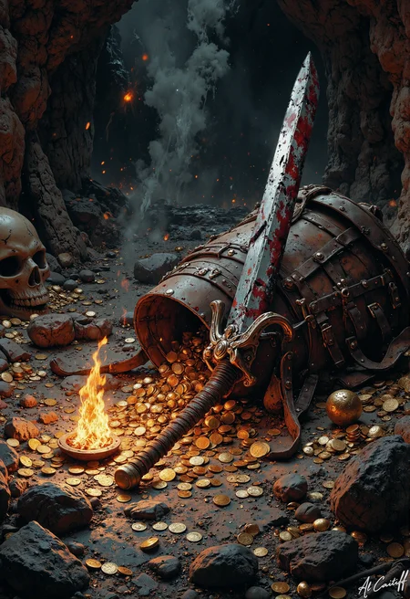 An overturned torch sputters on the cavern floor, its guttering flame casting erratic shadows across a hoard of scattered gold coins and jewels, illuminating a weathered leather backpack with torn, bloodstained straps lying beside a notched longsword smeared with dark ichor and a half-melted helm whose visor is crumpled inward with terrible force; a thick trail of fresh blood leads away from the scene, disappearing beneath the skeletal remains of a fallen adventurer half-buried in treasure, while all around, the dragon's ruined lair tells of violent struggle - deep claw marks rake the walls, molten gold has cooled in jagged streaks across the stone, shattered shields litter the ground like broken teeth, and a massive obsidian-black scale lies embedded in the cavern wall, its surface glinting in the dying light as dust swirls like ghostly witnesses in the sulfur-tinged air, the silence broken only by a faint, ominous shifting in the dark depths of the cavern beyond., fg<lora:Flux/Stylized-Super-Texture.safetensors:0.5000000000000001:0.5000000000000001> <lora:Flux/It's a LoRA for portraits, BUT! actually specialized in backgrounds. v1.0.safetensors:0.25000000000000006:0.25000000000000006> <lora:CustomFlux/MysticFantasy.safetensors:0.25000000000000006:0.25000000000000006> <lora:CustomFlux/MysticRealism.safetensors:0.7500000000000001:0.7500000000000001>