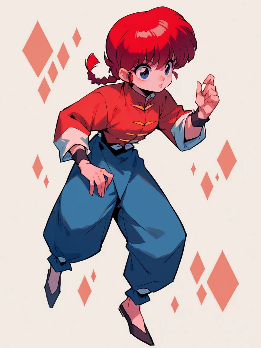 score_9, score_8_up, score_7_up, score_6_up, score_5_up, <lora:RanmaXLP:1> ranma, red hair, 1girl, solo, blue eyes, braided ponytail, chinese clothes, full body,