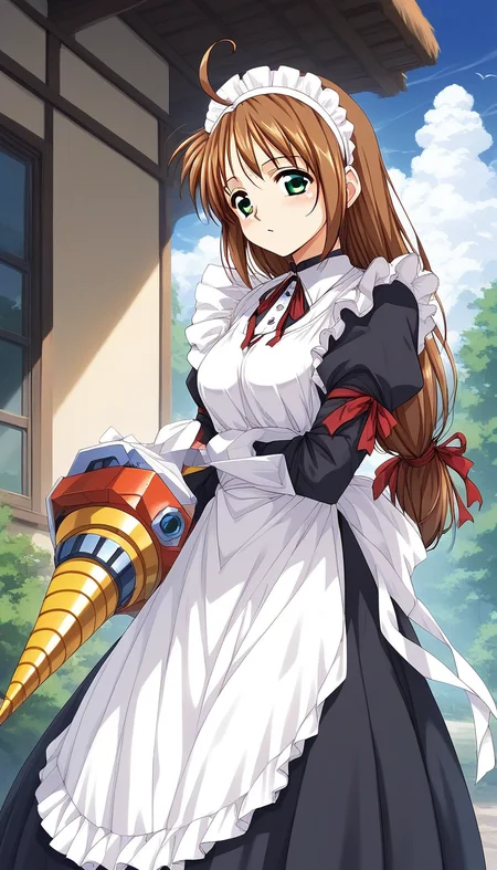 score_9, score_8_up, score_7_up, source_anime, rating_explicit, BREAK <lora:Spiral_Nami_Ver2.0_XL:1> Spiral_Nami_drill, brown hair, green eyes, maid headdress, ahoge, low-tied long hair, maid,
outdoor, sky,