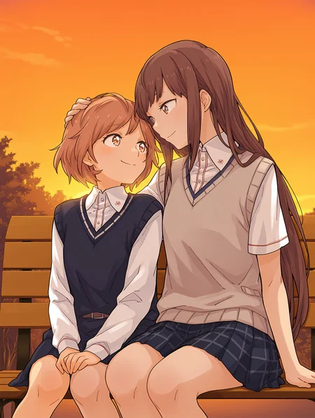 <lora:SDXL_kindred_spirits_on_the_roof__OkujÅ_no_Yurirei-san__å±ä¸ã®ç¾å:1> 
kd_vnstyle (2girls, multiple girls, ) (looking at another, ) sitting on bench, outdoors, sunset, orange sky school uniform, white collared shirt, sweater vest, happy smile, (hand on another's head:1.2), yuri,
masterpiece,best quality,amazing quality,