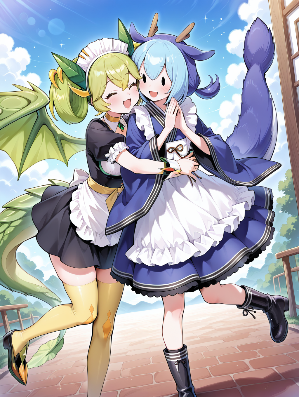 flying, 2girls, parlor dragonmaid, dragon girl, open mouth, smile, :d, solid oval eyes, white maid headdress, green dragon wings, hug, own hands together, black maid costume, yellow thighhighs, white detached collar, white wrist cuffs, black shoes, laundry dragonmaid, blue fingerless gloves, blue knee boots, blue maid outfit,blue sky, 
masterpiece,best quality,amazing quality,very aesthetic,absurdres,newest,<lora:parlor dragonmaid illuXL v1.1:0.74>,