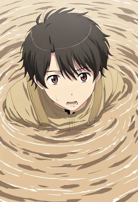 high resolution, solo, best quality, 1Boy, Inaho Kaizuka, Black Hair, Brown Eyes, panic, trapped, quicksand, dying, OverallDetail