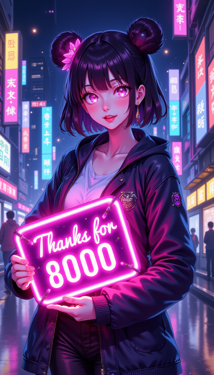 pinkmysticanime,
Mystic Anime Party - A stylish anime girl in a futuristic cityscape, holding a glowing neon sign that reads "Thanks for 8000." The background is filled with colorful cyberpunk lights.