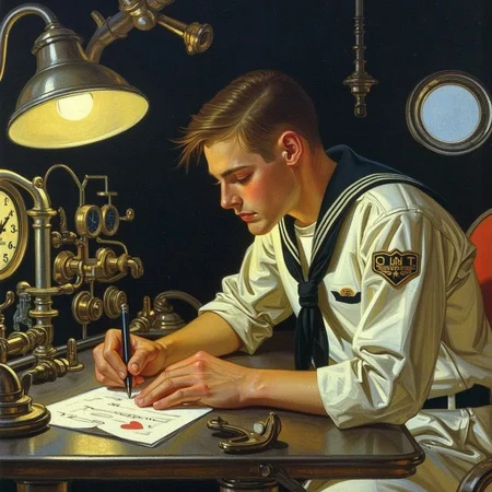 A young navy sailor sits inside the dimly lit interior of a submarine, the metallic walls lined with dials, pipes, and softly glowing control panels. Wearing a crisp, neatly pressed navy uniform with insignia on his sleeve, he leans over a small desk, pen in hand, carefully writing a heartfelt love letter. His expression is tender, eyes focused, as he pours his emotions onto the paper. The letter, slightly crumpled at the edges from his grip, has a delicate love heart drawn at the bottom. The confined space around him hums with the quiet sounds of machinery, reinforcing the deep-sea solitude. A single overhead lamp casts a warm glow over his writing, creating a moment of deep intimacy amidst the steel surroundings.  jcleyen1 painting