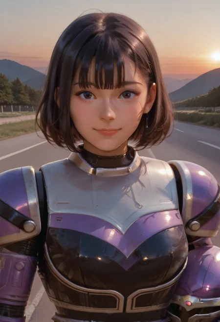 solo, 1girl, looking at viewer, medium breasts,(covered neck), BREAK, realistic, blunt bangs, short hair, black hair, black eyes, smile
Tent0u, r4n, robot, solo, armor, bodysuit, gloves, shoulder pad, helmet removed, close up, Tent0 gun
outdoors, road, sunset, dramatic lighting